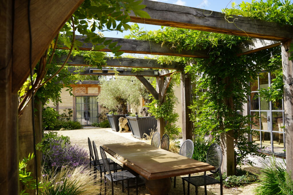Bespoke chunky oak framed pergola made for a client in the cotswolds